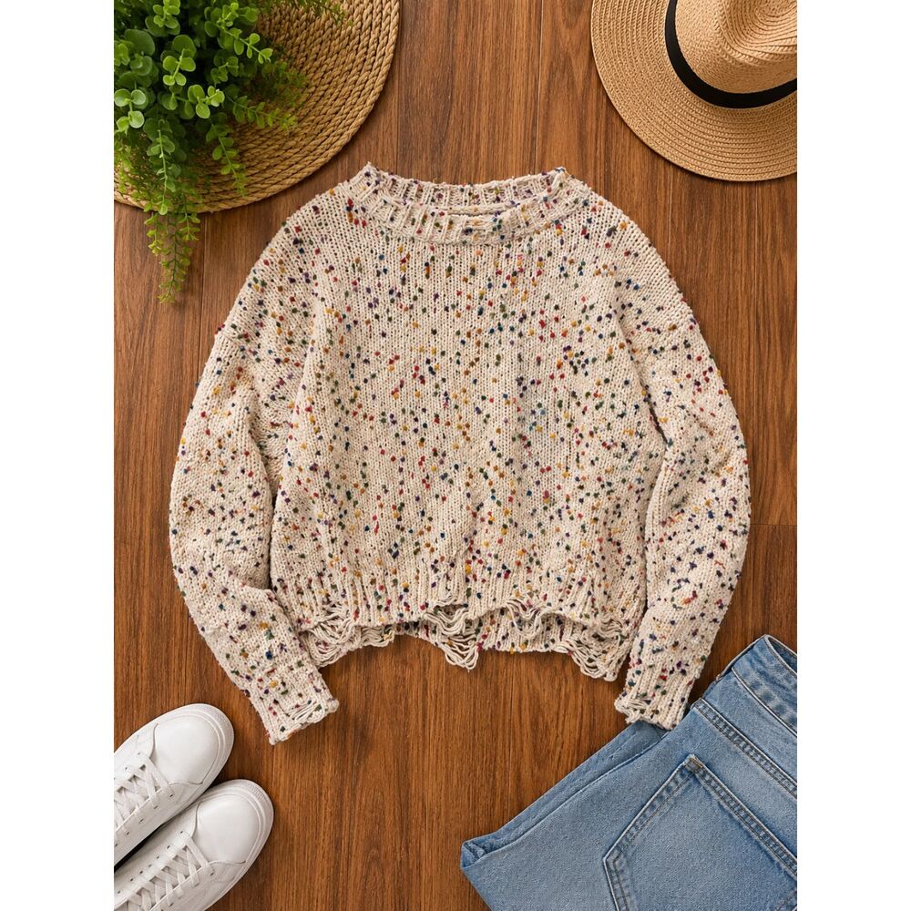 Entro Confetti Knit Distressed Sweater Women's Medium Multicolor Cottagecore